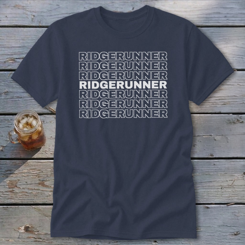 Navy t-shirt with white "RIDGERUNNER" text stacked multiple times.