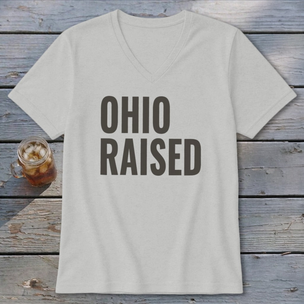 Light gray v-neck t-shirt with "OHIO RAISED" in dark gray text.