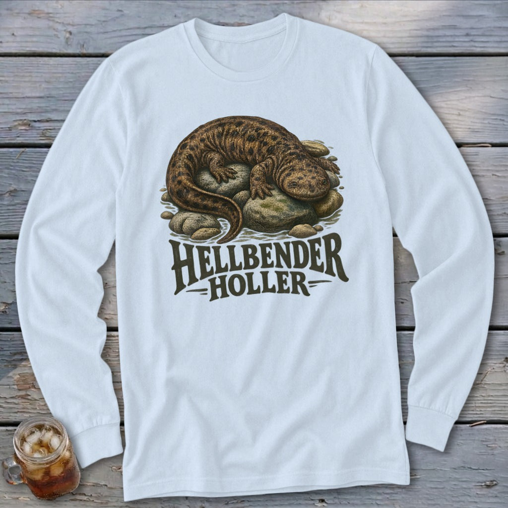 Long sleeve white shirt with a hellbender illustration and "Hellbender Holler" text.