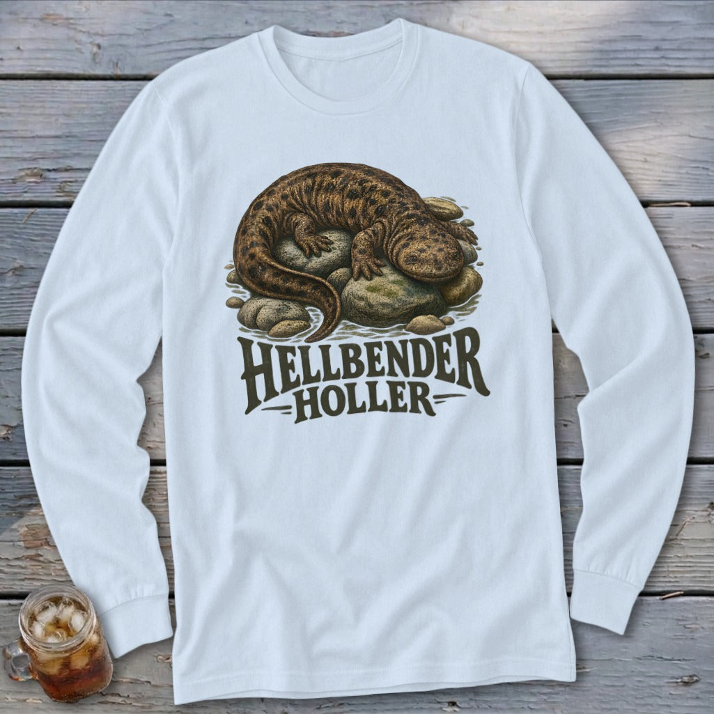 Long sleeve white shirt with a hellbender illustration and "Hellbender Holler" text.