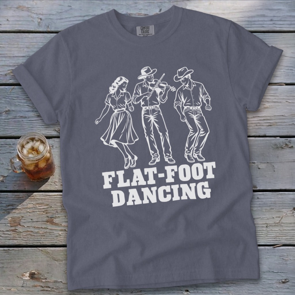 Gray t-shirt with white outline of three figures dancing and "FLAT-FOOT DANCING" text.
