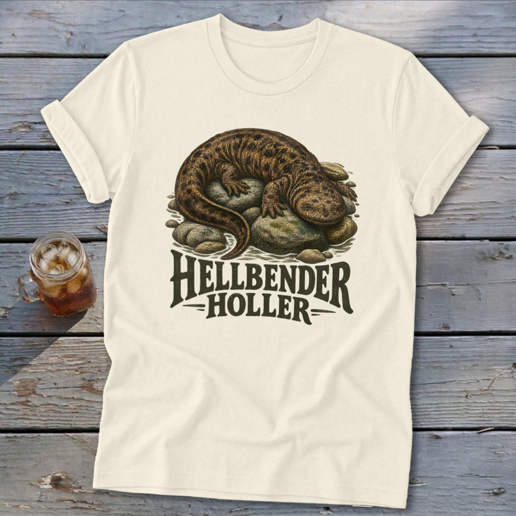 Cream t-shirt with a hellbender salamander graphic and "Hellbender Holler" text.