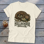 Cream t-shirt with a hellbender salamander graphic and "Hellbender Holler" text.