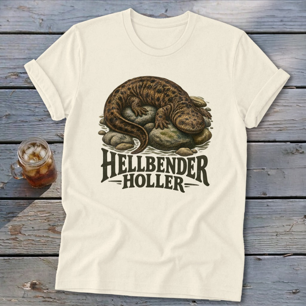Cream t-shirt with a hellbender salamander graphic and "Hellbender Holler" text.
