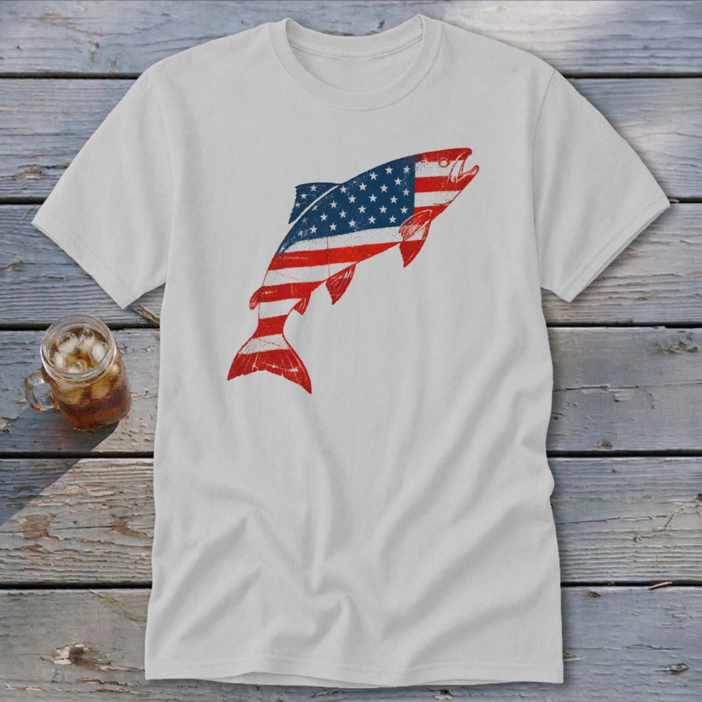A light gray t-shirt featuring a leaping fish graphic patterned with the American flag.