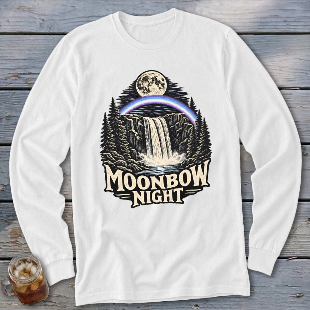 White long-sleeve shirt with a waterfall, moon, and rainbow graphic saying "Moonbow Night".