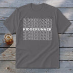 Grey t-shirt with white "RIDGERUNNER" text repeated in rows.