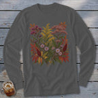Gray long-sleeved shirt with a vibrant fall botanical print of flowers and leaves.