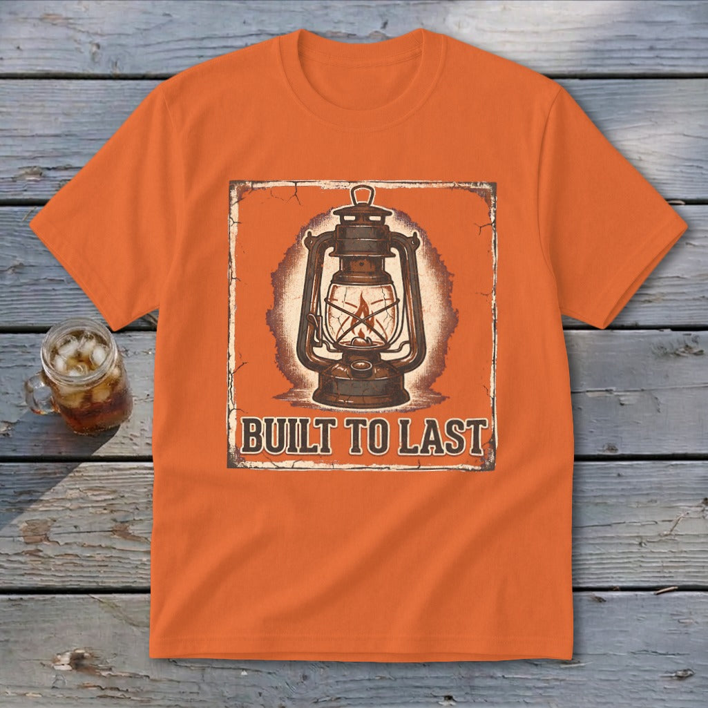 Orange t-shirt with vintage lantern graphic and "BUILT TO LAST" text.