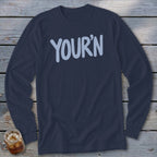 Navy long sleeve shirt with "YOUR'N" printed in light blue across the chest.