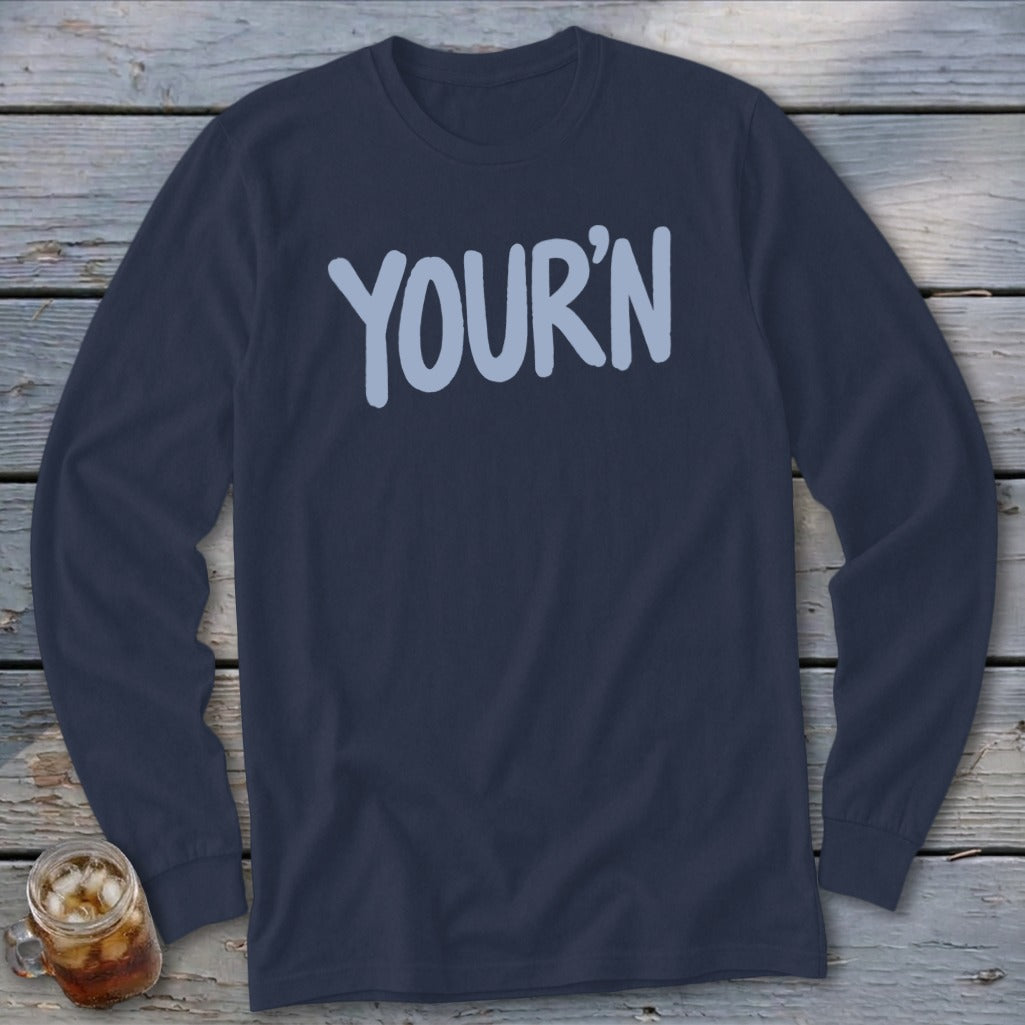 Navy long sleeve shirt with "YOUR'N" printed in light blue across the chest.