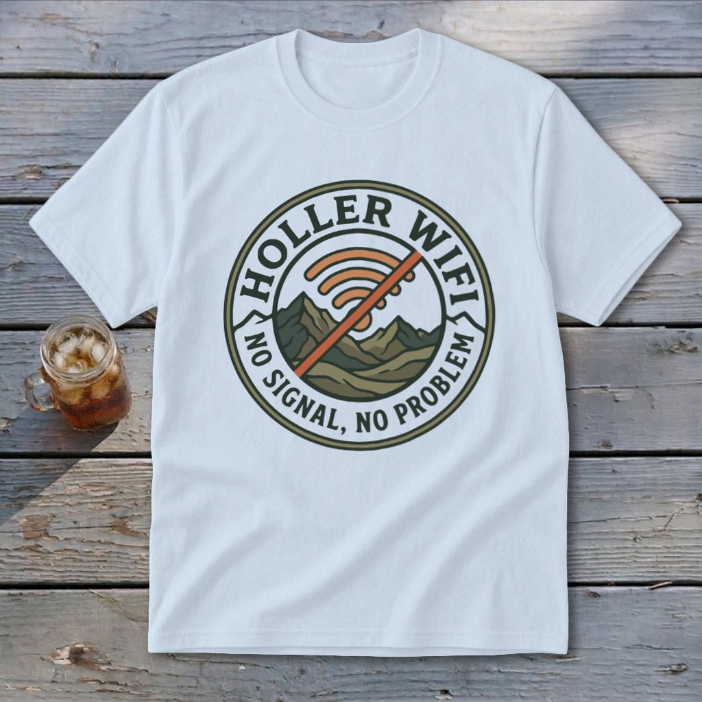 White t-shirt with "Holler Wifi No Signal, No Problem" text and mountain graphic.