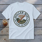 White t-shirt with "Holler Wifi No Signal, No Problem" text and mountain graphic.