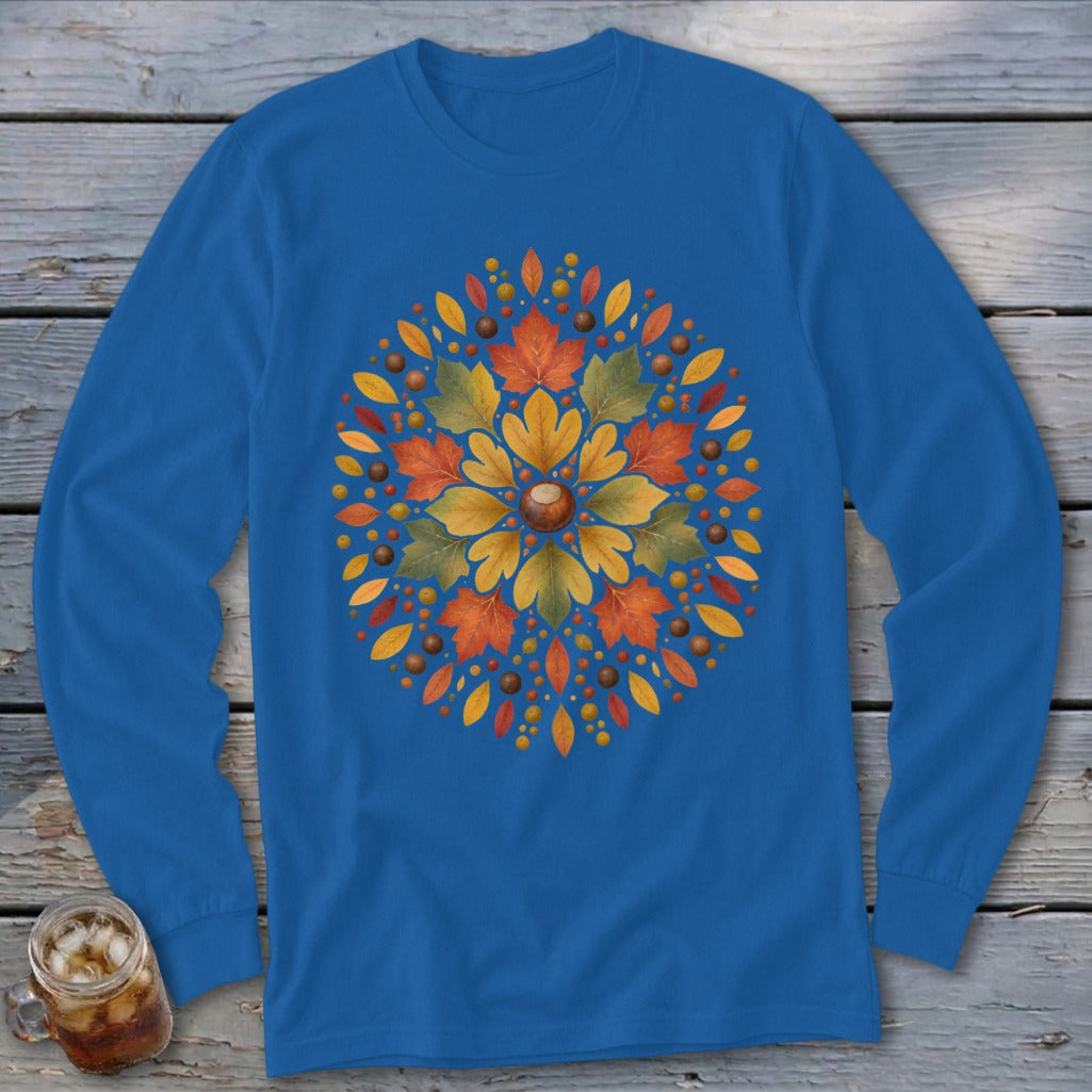 Blue long-sleeve shirt with a circular autumn leaf and acorn design on the chest.