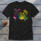 Black t-shirt with a watercolor floral design in rainbow colors.