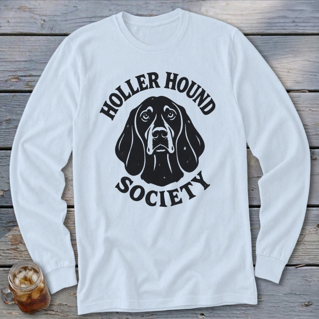 White long-sleeve shirt with black "Holler Hound Society" text and dog graphic.