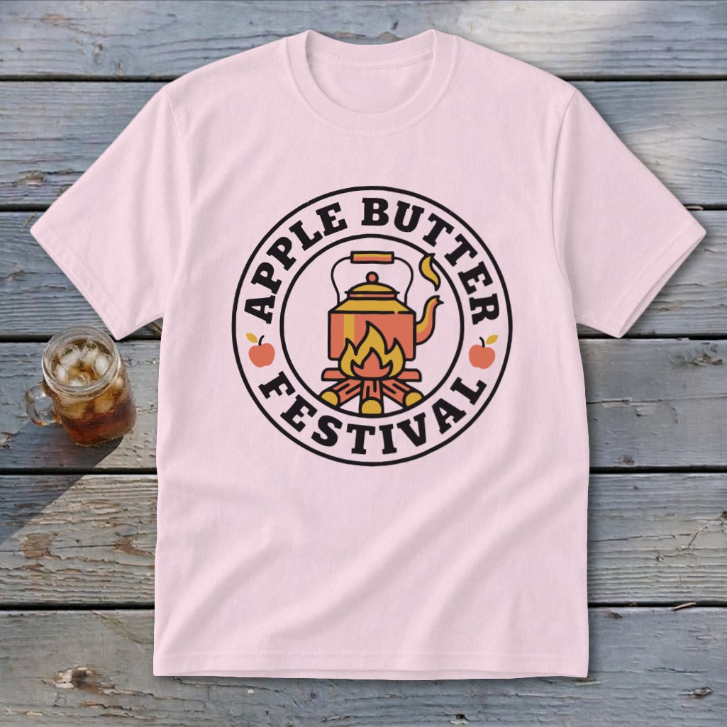 Pink t-shirt with Apple Butter Festival logo featuring a kettle over a campfire.