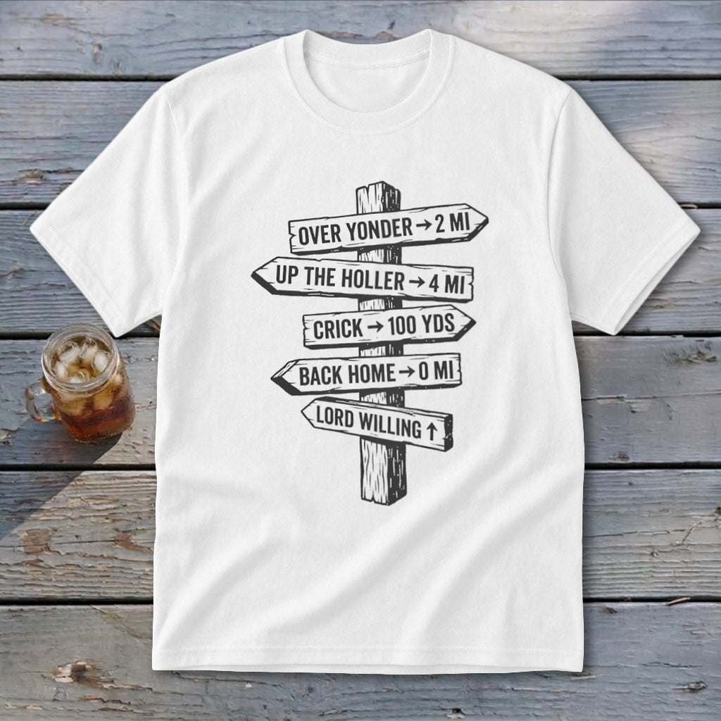 White t-shirt featuring a black graphic of a rustic wooden signpost with directional distance text.