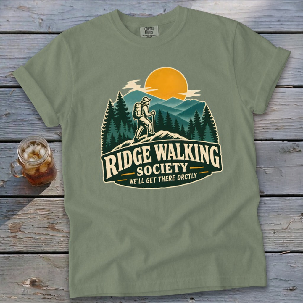 Olive green t-shirt with "Ridge Walking Society" text and hiker graphic.