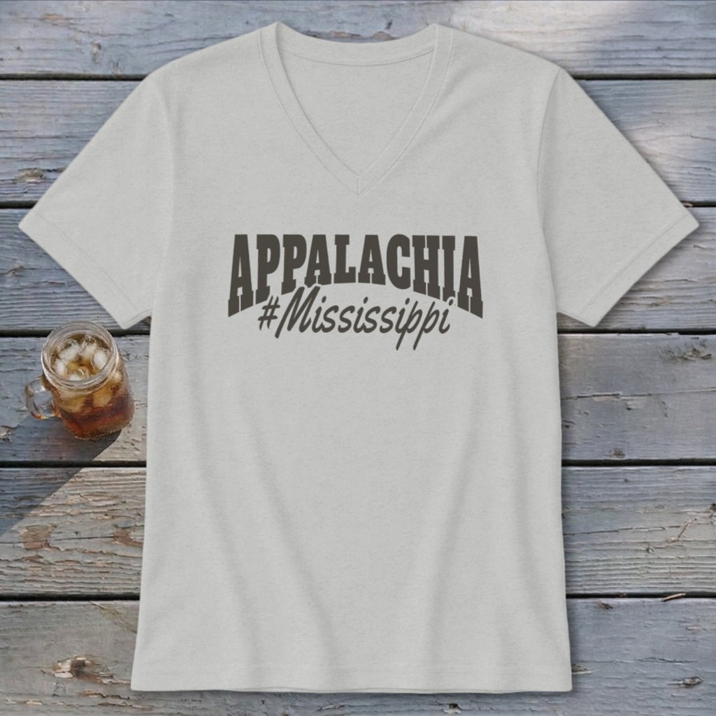 Light gray v-neck t-shirt with "APPALACHIA #Mississippi" graphic.