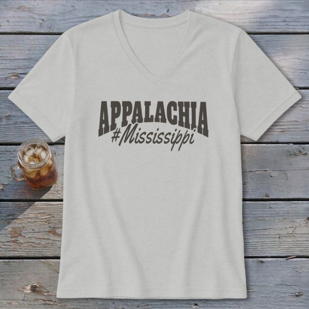Light gray v-neck t-shirt with "APPALACHIA #Mississippi" graphic.