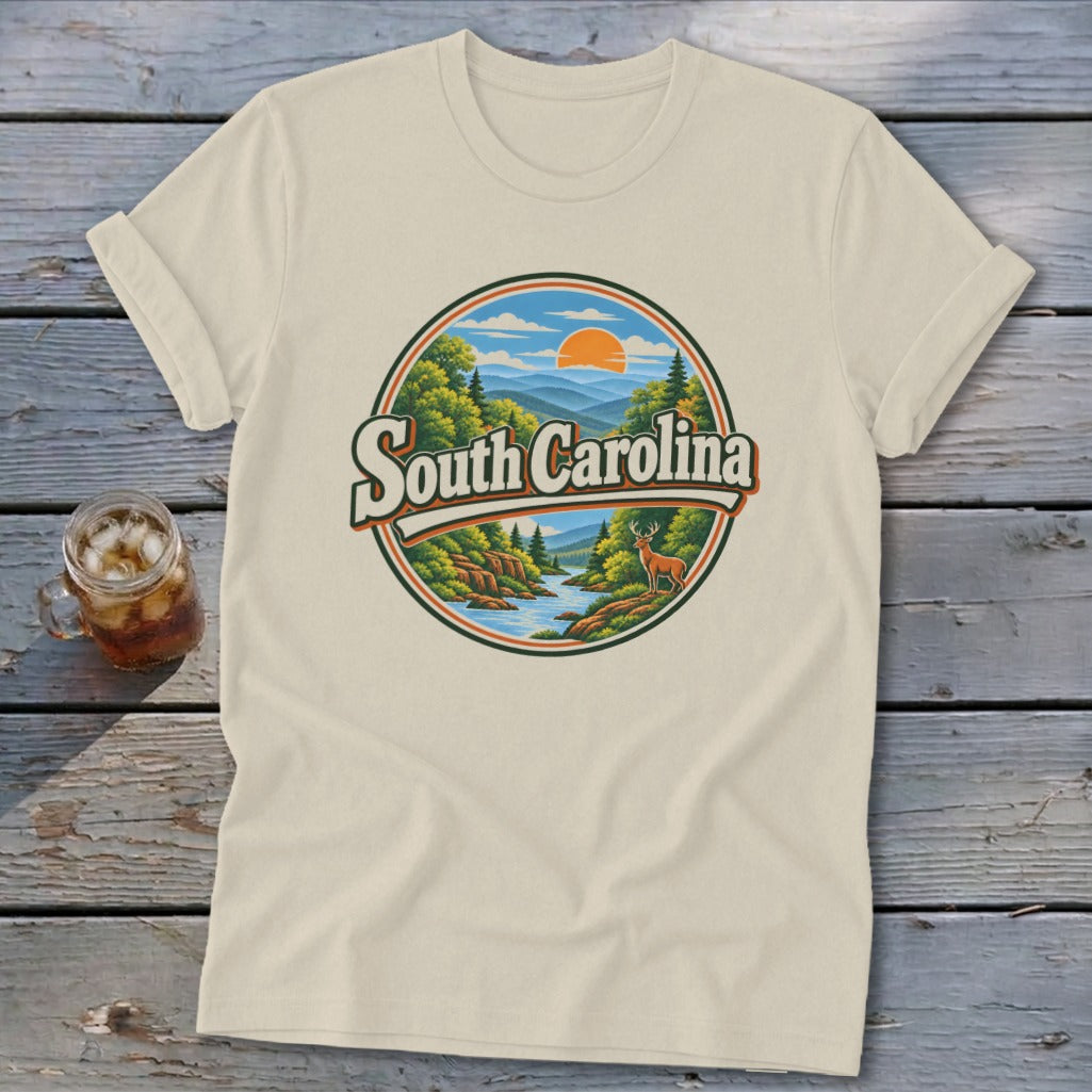T-shirt with circular vintage graphic of South Carolina landscape with deer and river.