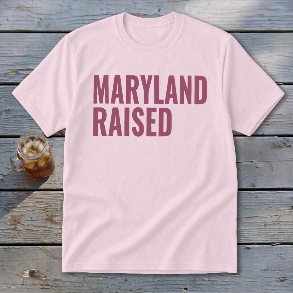 Pink t-shirt with "MARYLAND RAISED" text in maroon.