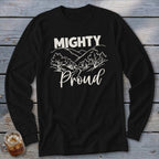Black long-sleeve shirt with "Mighty Proud" text and a landscape graphic.