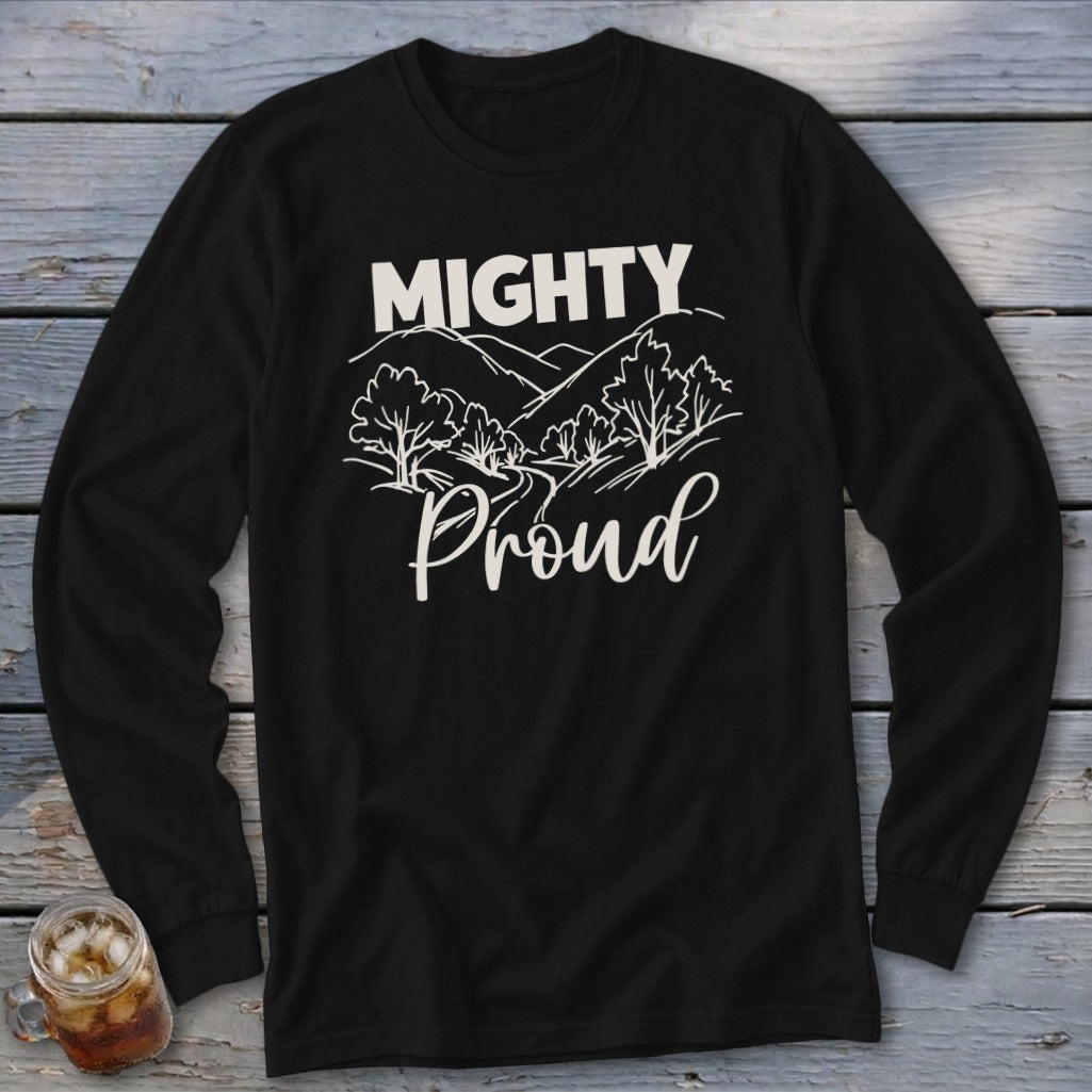 Black long-sleeve shirt with "Mighty Proud" text and a landscape graphic.