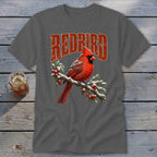 Charcoal gray t-shirt featuring a graphic of a red cardinal on a snowy branch with "REDBIRD" text.