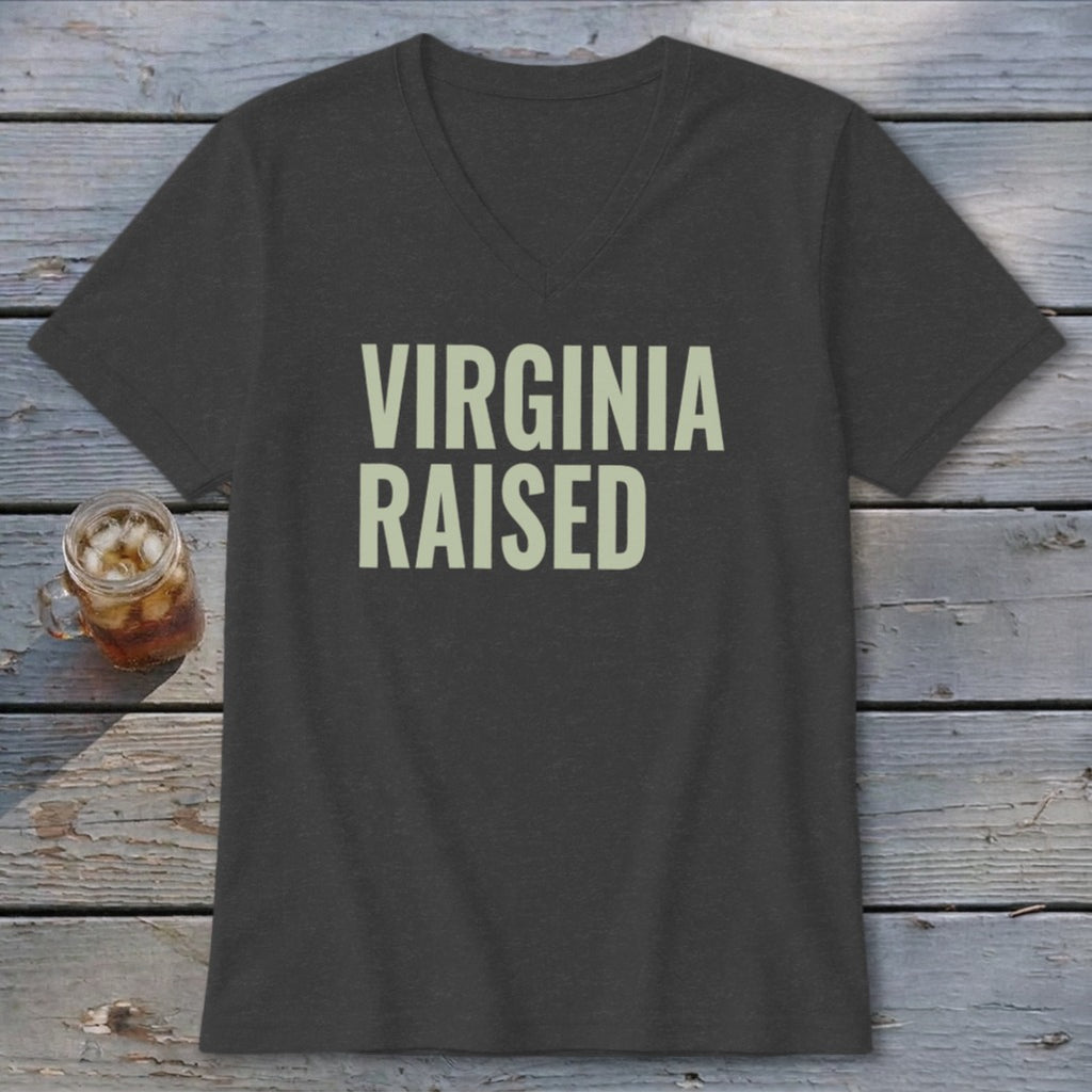 Dark gray v-neck t-shirt with "VIRGINIA RAISED" text.