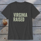 Dark gray v-neck t-shirt with "VIRGINIA RAISED" text.