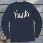 Navy long-sleeve shirt with white "Yaunto" text on chest, and iced drink in mug.