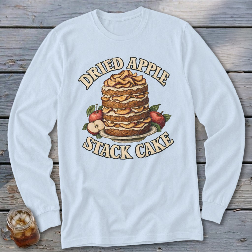 Light blue long sleeve shirt with "Dried Apple Stack Cake" and cake illustration.