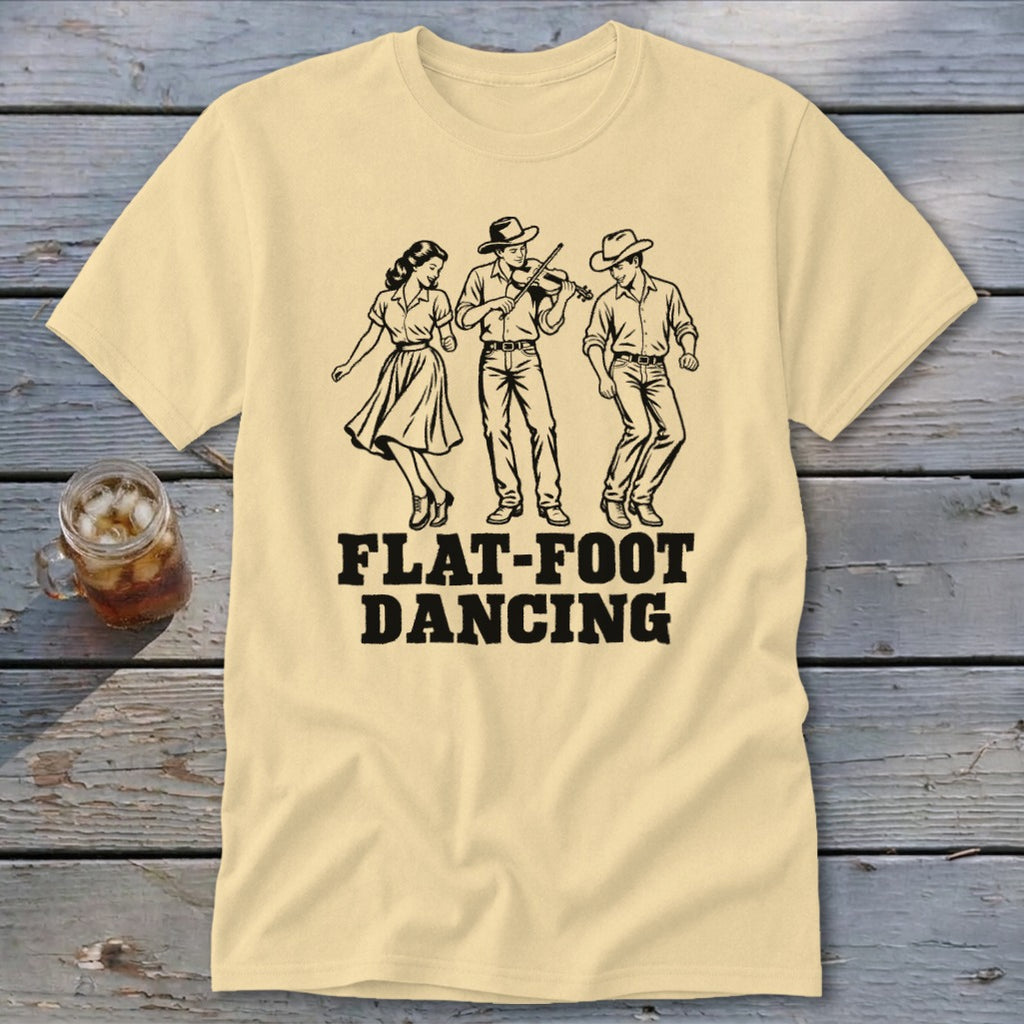 T-shirt with black line art of three people dancing and the words "FLAT-FOOT DANCING."