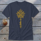 Navy t-shirt with yellow floral design and text "holler".