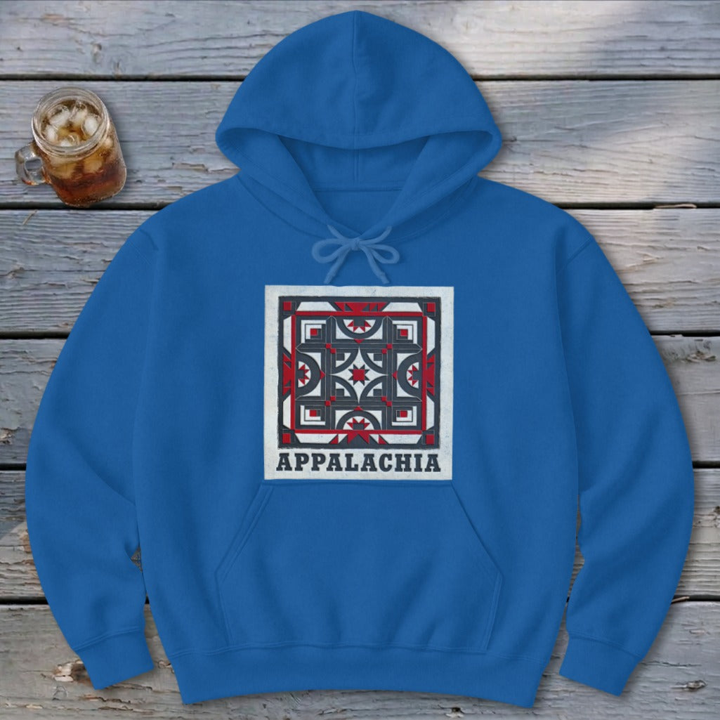 Royal blue hooded sweatshirt featuring a geometric quilt block graphic and the word Appalachia below.