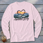 Long sleeve shirt with a sunset over mountains and "Appalachia Strong" text.
