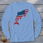 Light blue long-sleeve t-shirt with a distressed graphic of a leaping fish filled with an American flag.