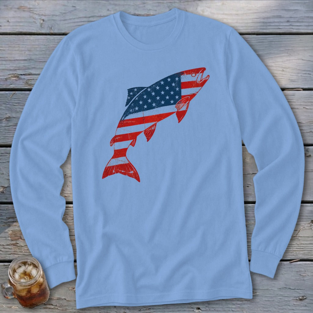 Light blue long-sleeve t-shirt with a distressed graphic of a leaping fish filled with an American flag.