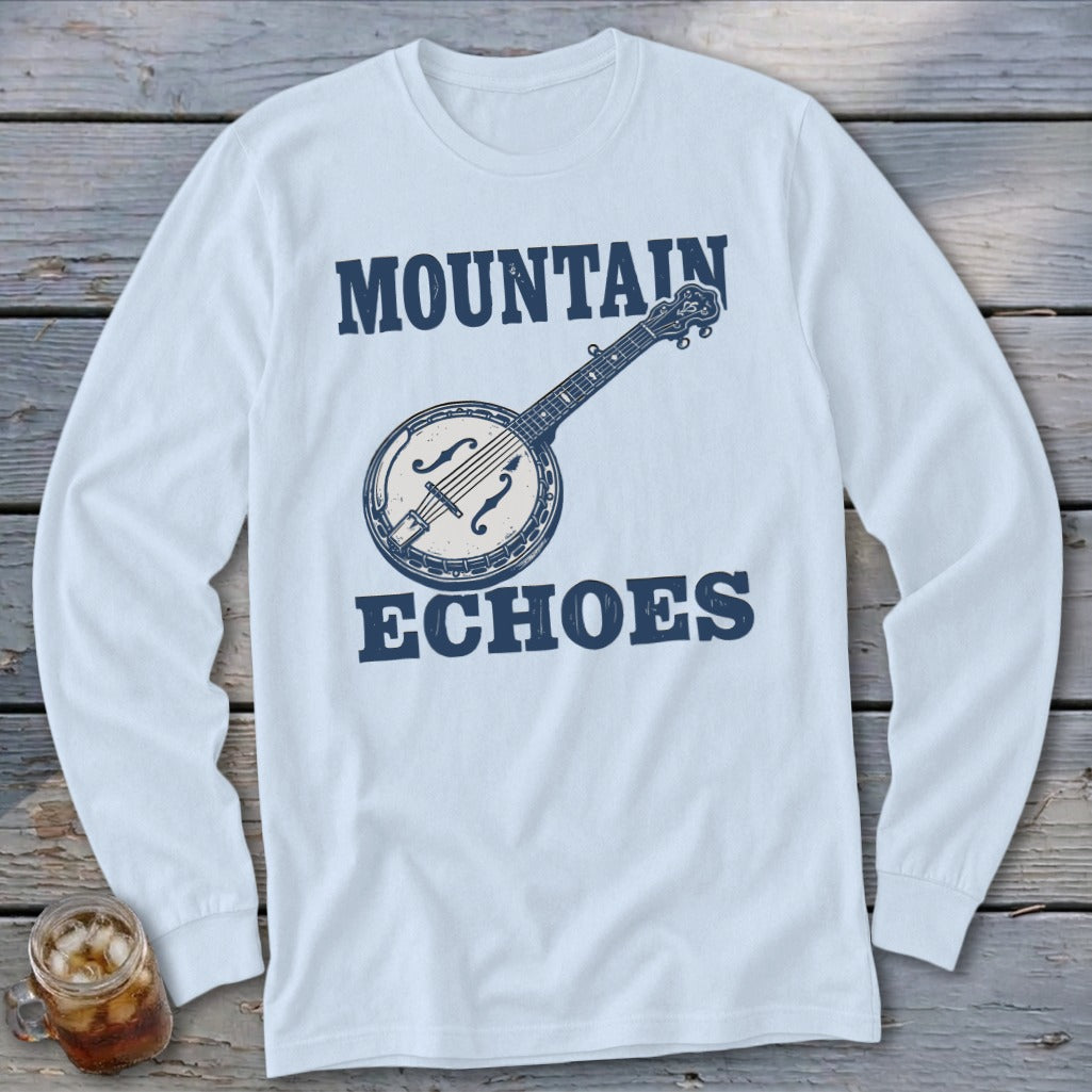 White long-sleeve t-shirt with a blue graphic of a banjo and the text Mountain Echoes.