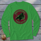 Green long-sleeve t-shirt with a maroon circular graphic of a bear lounging on a porch swing, labeled PROFESSIONAL PORCH SITTER.
