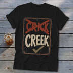 Black t-shirt with a distressed sign graphic reading "CRICK CREEK".