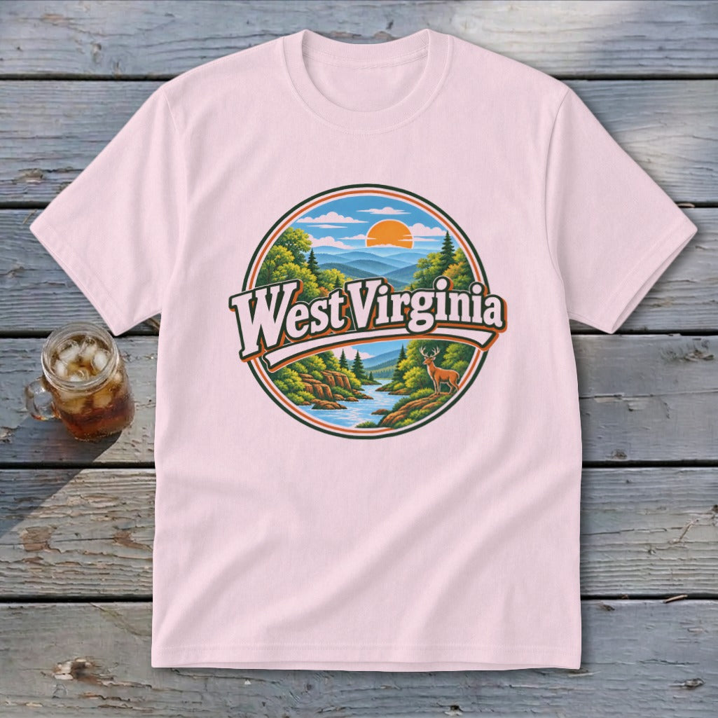 Pink t-shirt with circular West Virginia landscape featuring deer and river.