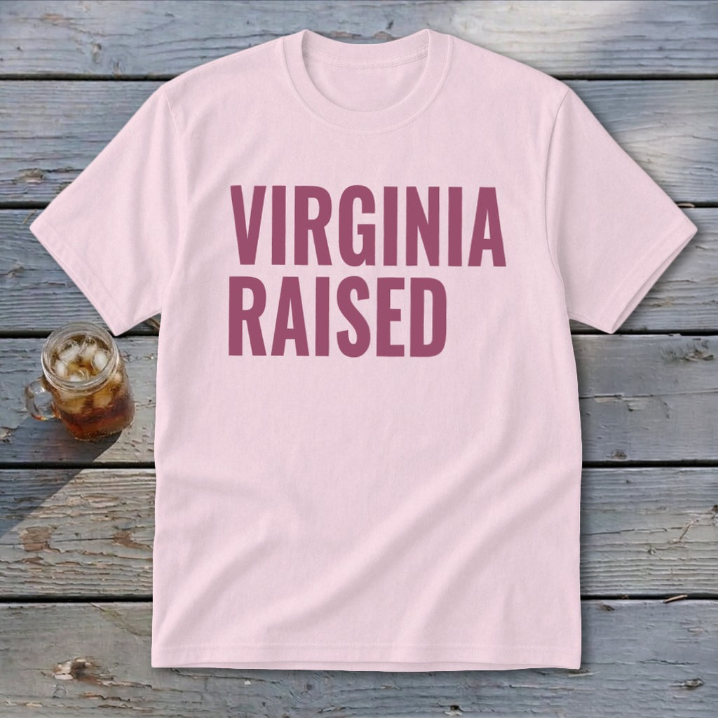 Light pink t-shirt with "Virginia Raised" text in dark pink.