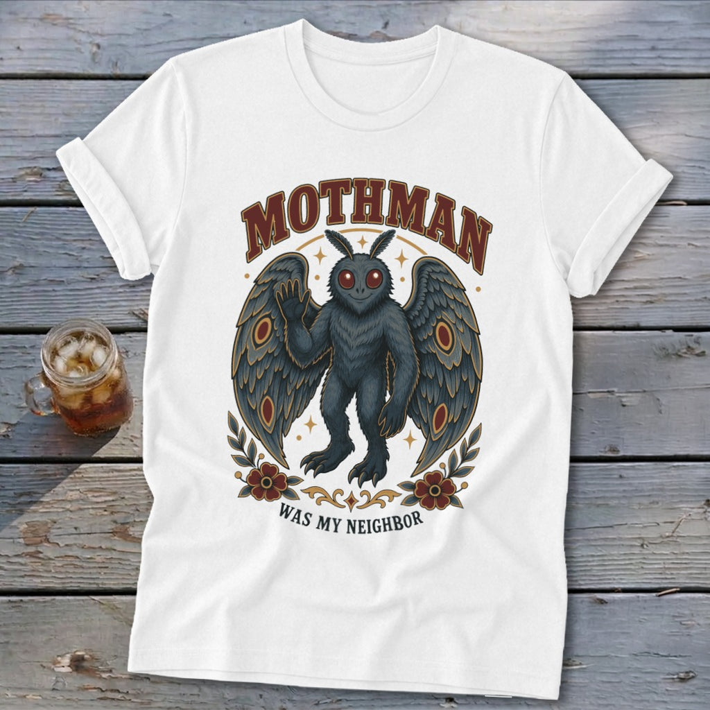 White t-shirt with Mothman graphic and text "Mothman Was My Neighbor".