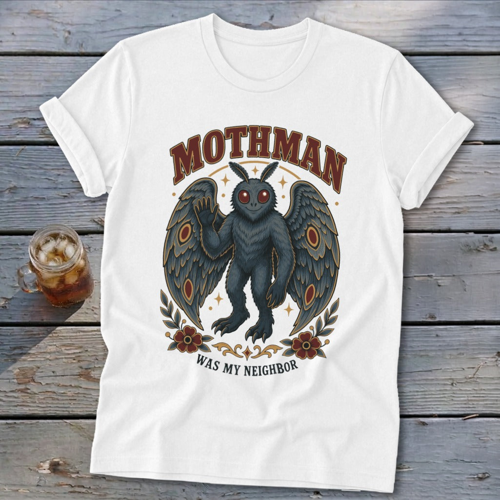White t-shirt with Mothman graphic and text "Mothman Was My Neighbor".