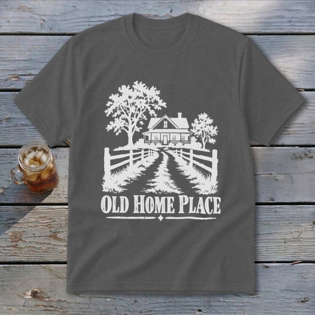 Graphic of a farmhouse and trees with "OLD HOME PLACE" text.