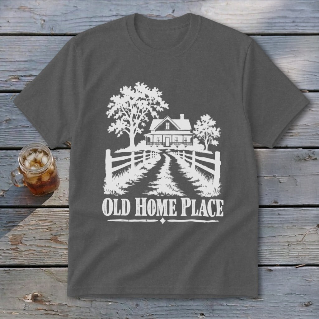 Graphic of a farmhouse and trees with "OLD HOME PLACE" text.