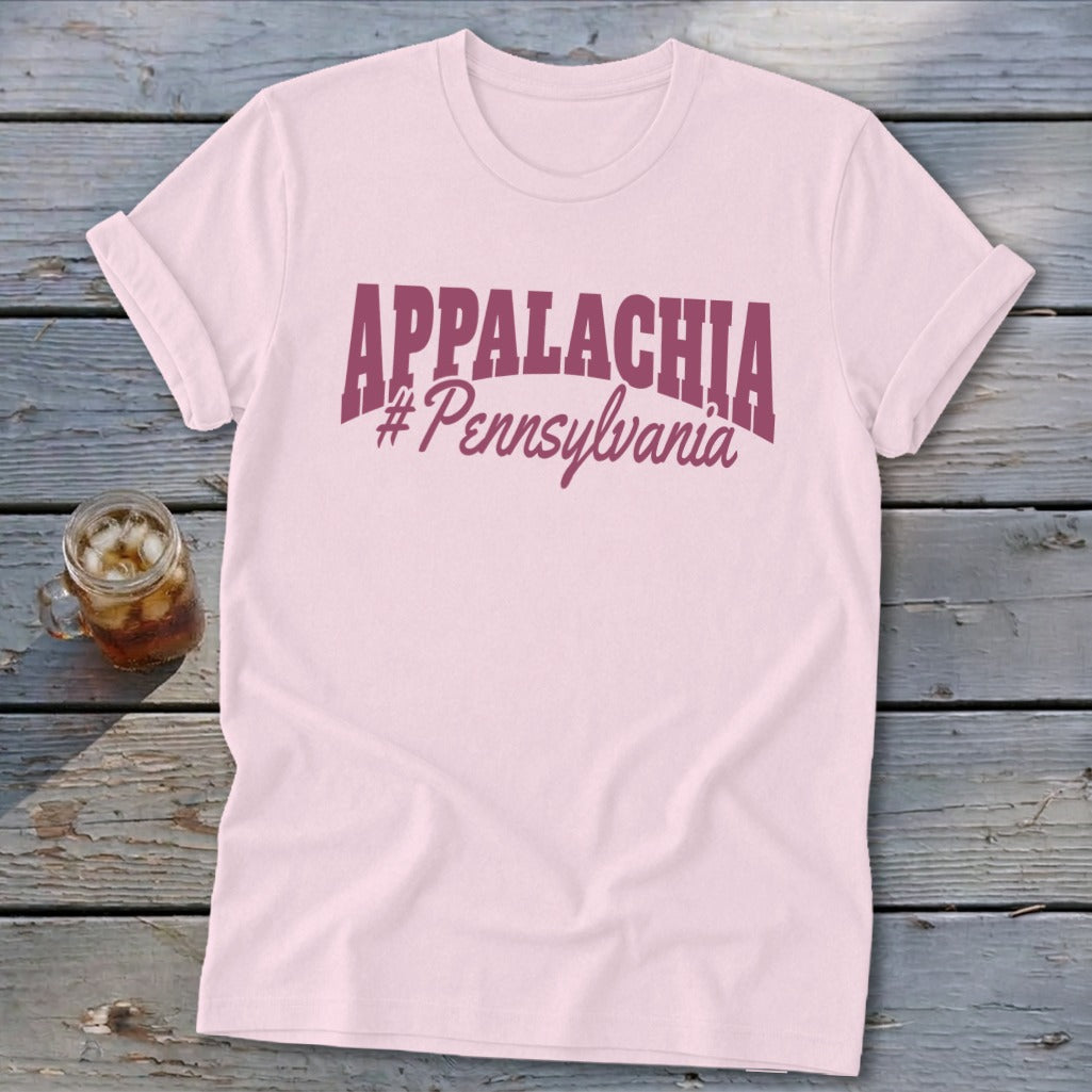 Light pink t-shirt with "Appalachia #Pennsylvania" text in maroon.